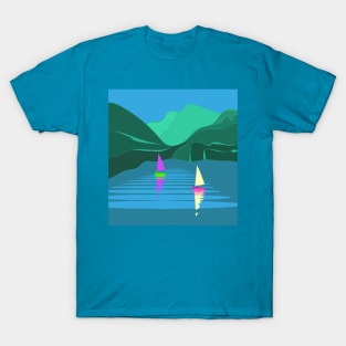 Mountains Lake Sailing Boats Summer Day Landscape T-Shirt